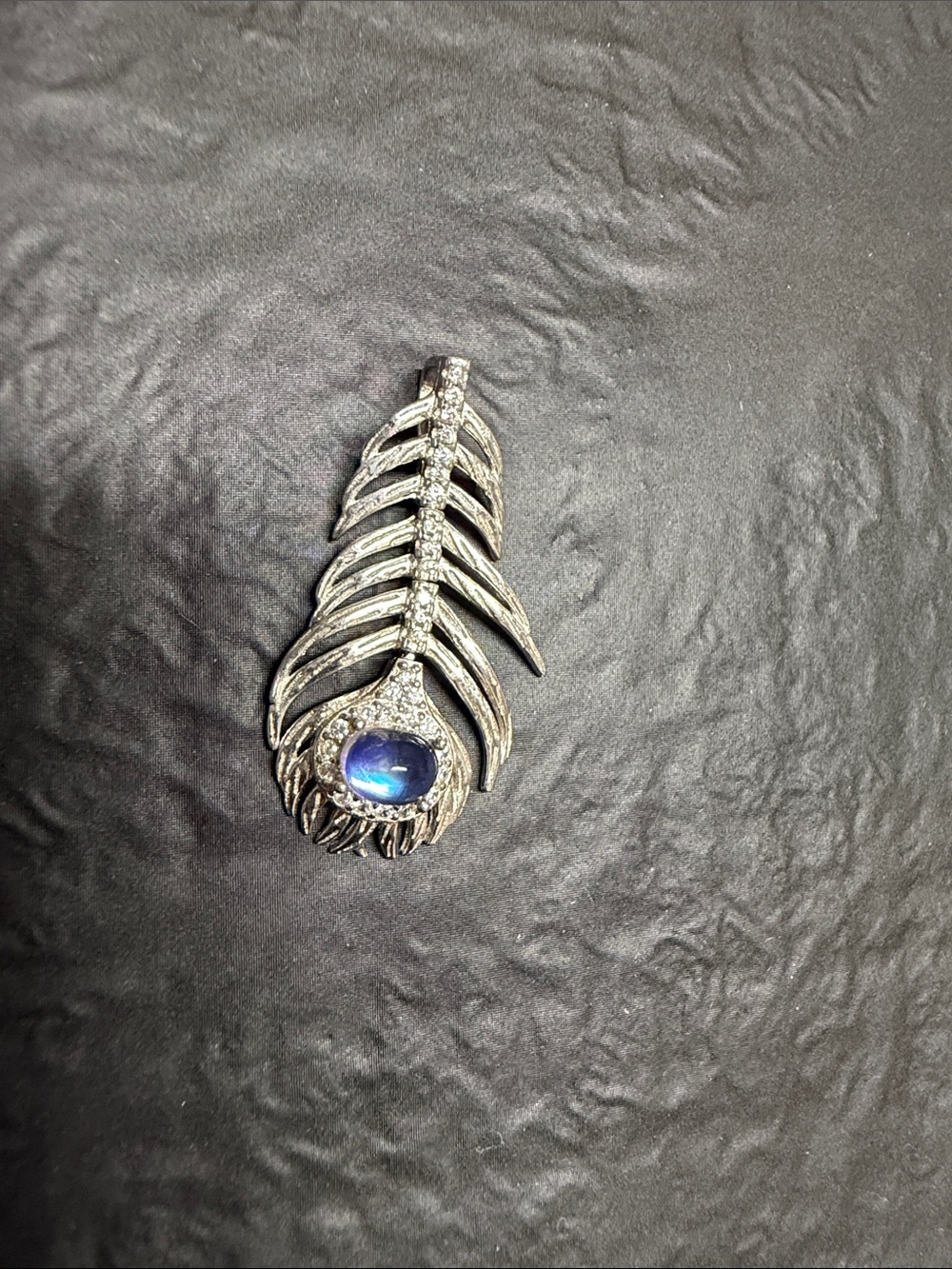 Silver Peacock Feather Pendant with Blue moonstone